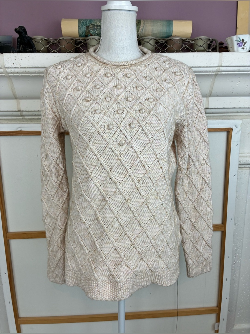 Lands' End Cream Diamond Cable Knit Rollneck Sweater